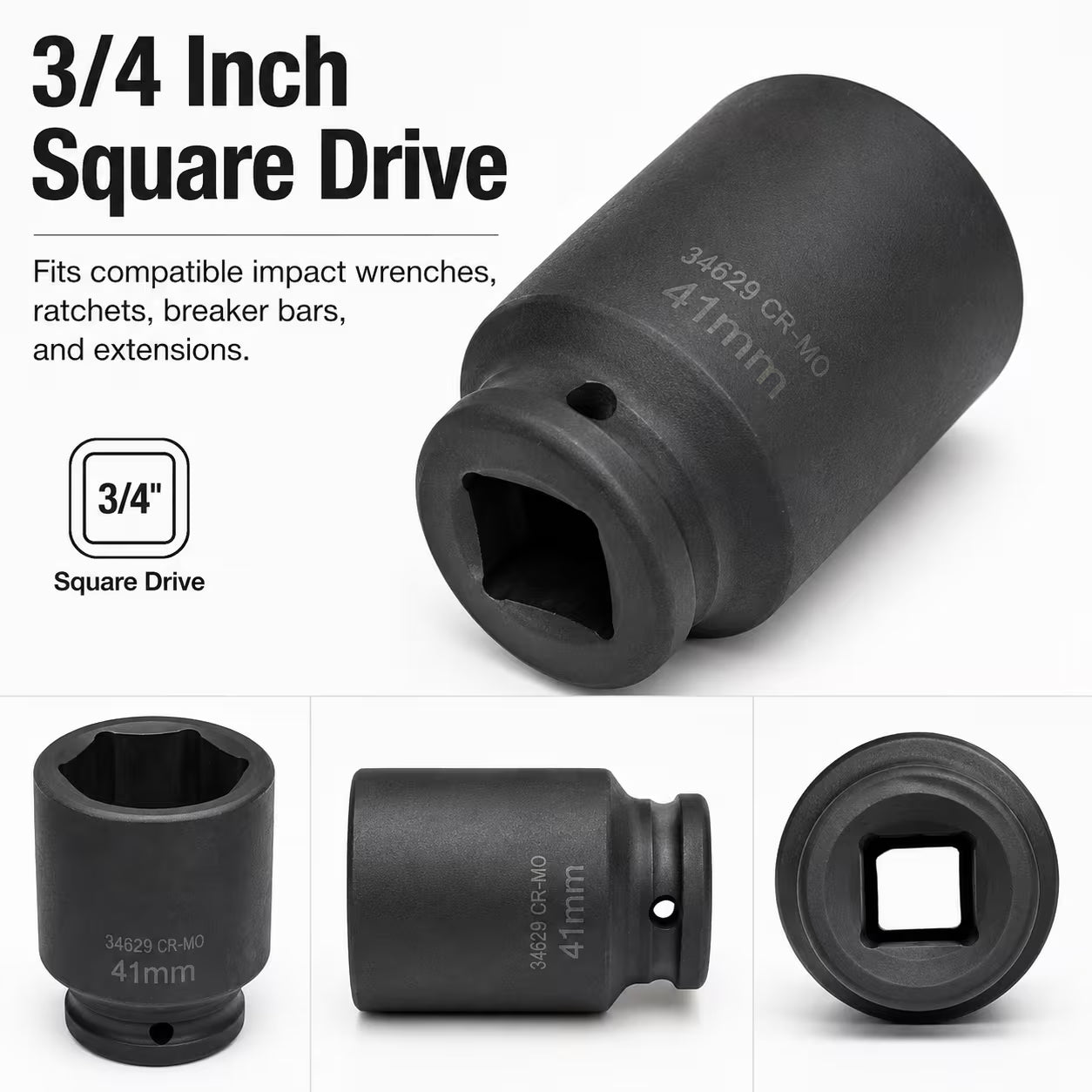 41mm Deep Impact Socket - Black, 3/4 Inch Square Drive, Cr-Mo Steel 6-Point Socket, Heavy-Duty Deep Socket for Impact Wrench, Ratchet & Breaker Bar, Automotive & Machinery Repair