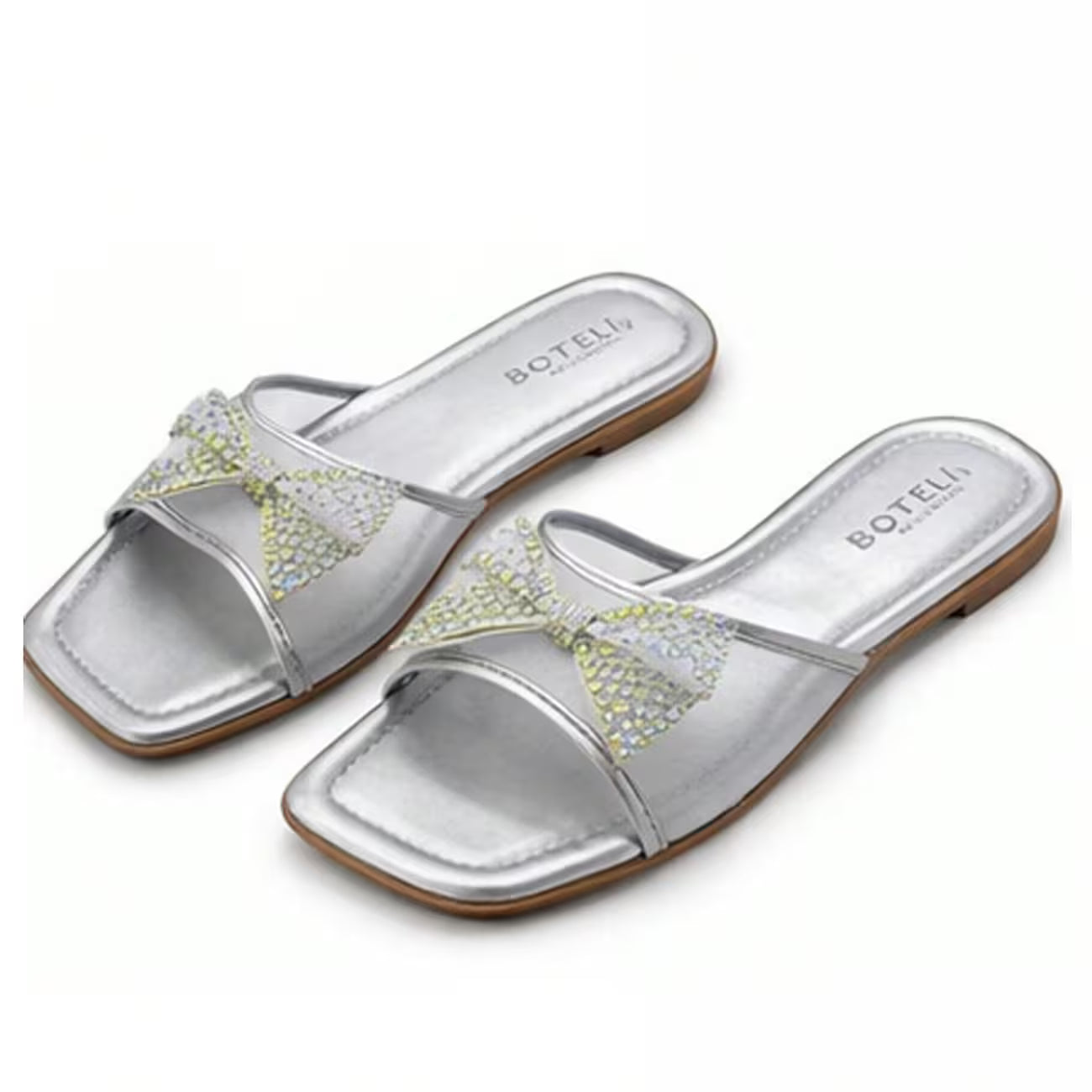 Women’s Rhinestone Bow Square-Toe Slide Sandals – Cushioned Flat Summer Shoes