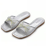 Women’s Rhinestone Bow Square-Toe Slide Sandals – Cushioned Flat Summer Shoes