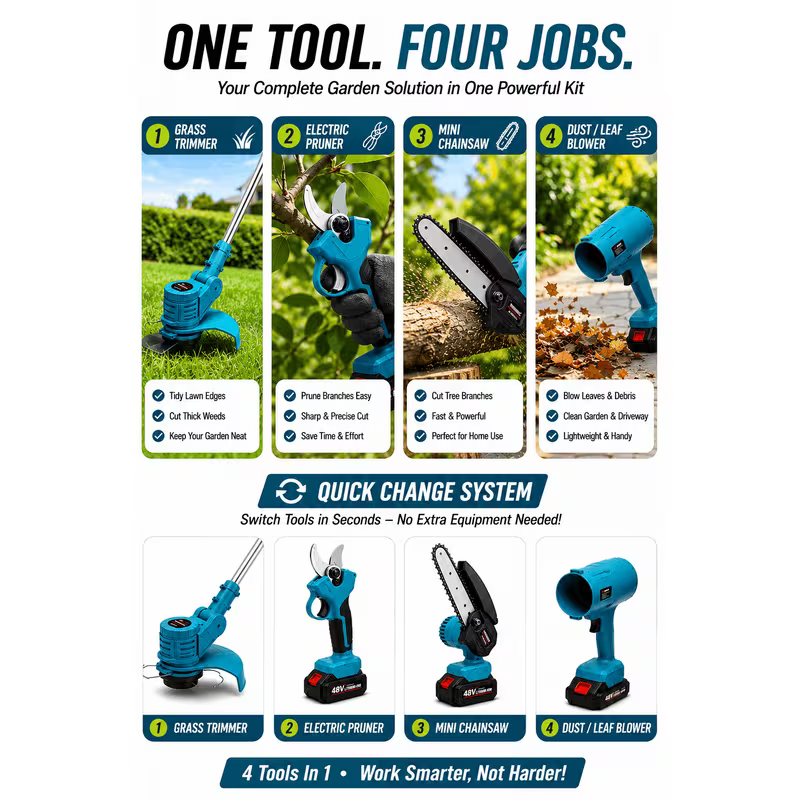 4-in-1 Cordless Garden Tool Kit - 48V, Grass Trimmer, Electric Pruner, Mini Chainsaw & Leaf Blower, Brushless Motor, Quick-Change Attachments, 2 Rechargeable Batteries, Charger & Accessories