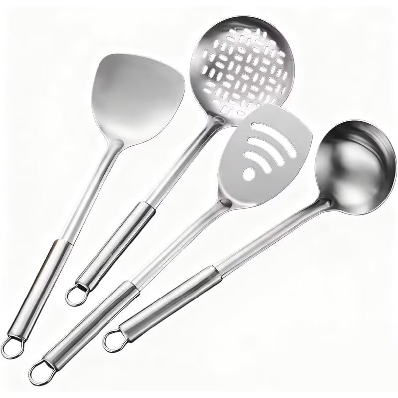 4-Piece Stainless Steel Kitchen Utensil Set – Wok Spatula, Ladle & Slotted Spoons