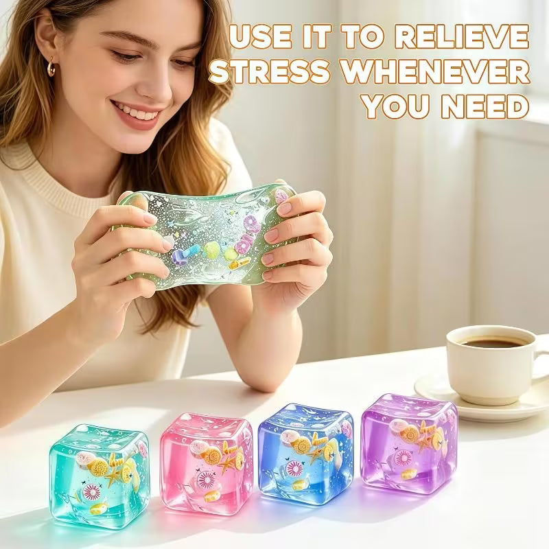 Blue & Multicolor 4-Pack Cube of Ice Stress Balls – Soft Seashell Dough Fidget Toys for Relaxation