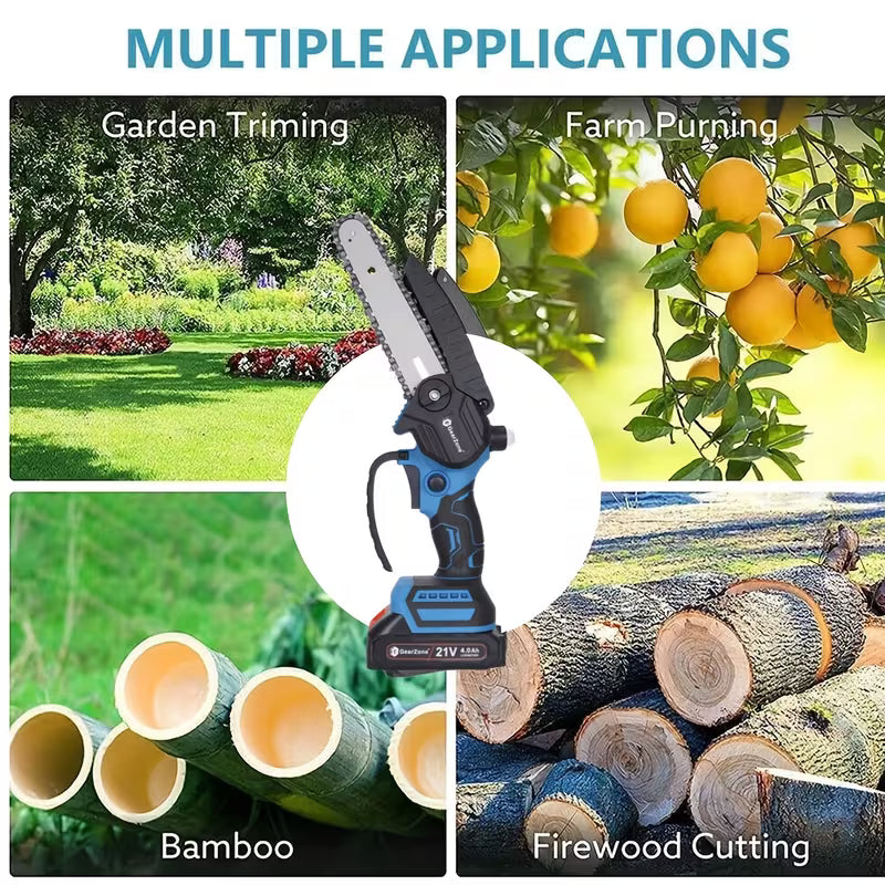 Blue 6-Inch Cordless Mini Chainsaw - 21V Battery Powered, 2pcs Rechargeable Batteries, One-Hand Electric Chainsaw, Handheld Wood Cutting Tool, Compact Chainsaw for Woodworking, Garden Trimming And DIY Projects