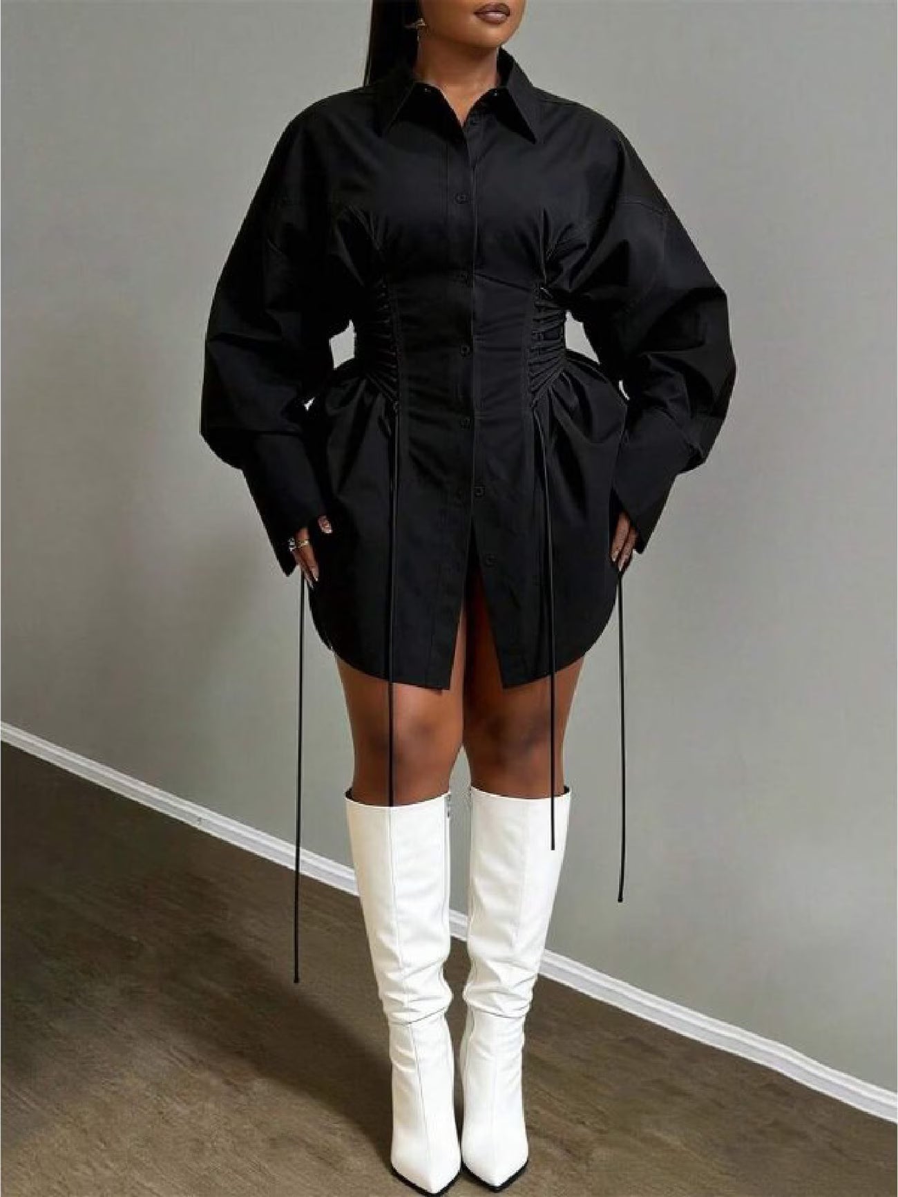 Plus Size Women’s A-Line Dress with Puff Sleeves, Tie Waist & Zipper
