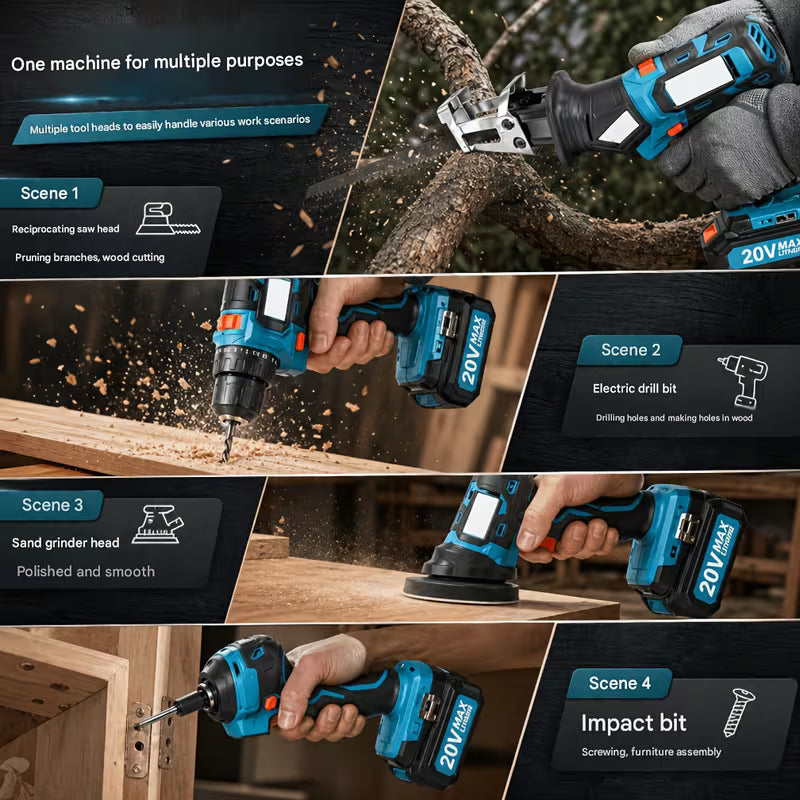 All-in-One Brushless Cordless Power Tool Combo Kit - Blue, 21V 4.0Ah Lithium-Ion Battery, Multi-Functional Woodworking Power Tools, Storage Tool Box, Home DIY & Garden Maintenance Set