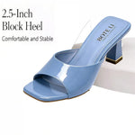 Women's Patent Mule Slides – Open Toe, Block Heel, Golden Trim Detail