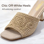 Women's Square-Toe Mule Sandals – Embroidered Mesh, Spool Heel, Golden Thread Detail