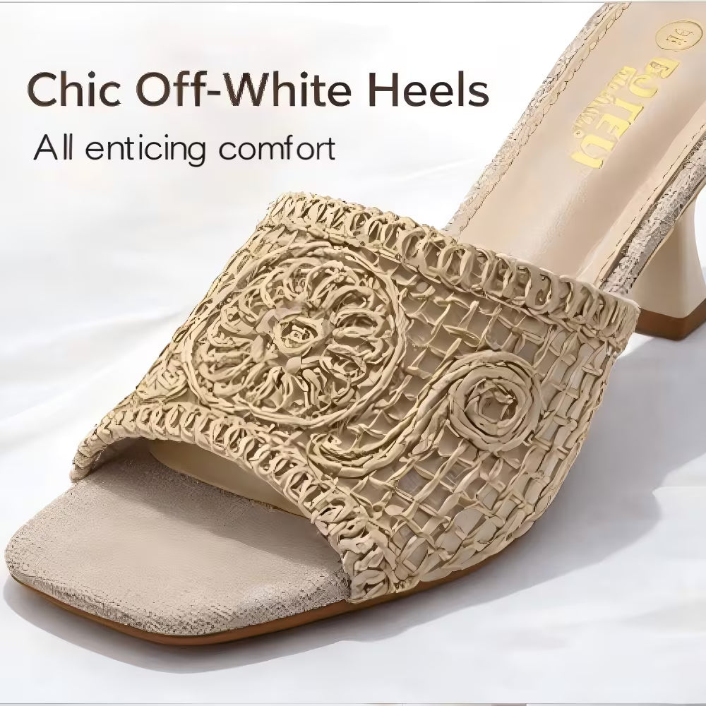 Women's Square-Toe Mule Sandals – Embroidered Mesh, Spool Heel, Golden Thread Detail
