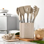 13-Piece Silicone Kitchen Utensil Set with Stainless Steel Handles & Drain Rack