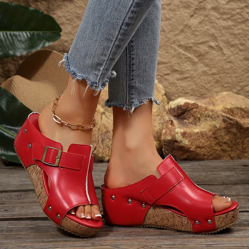 Women’s Red Retro Platform Sandals – Chunky Platform Heel with Mary Jane Strap