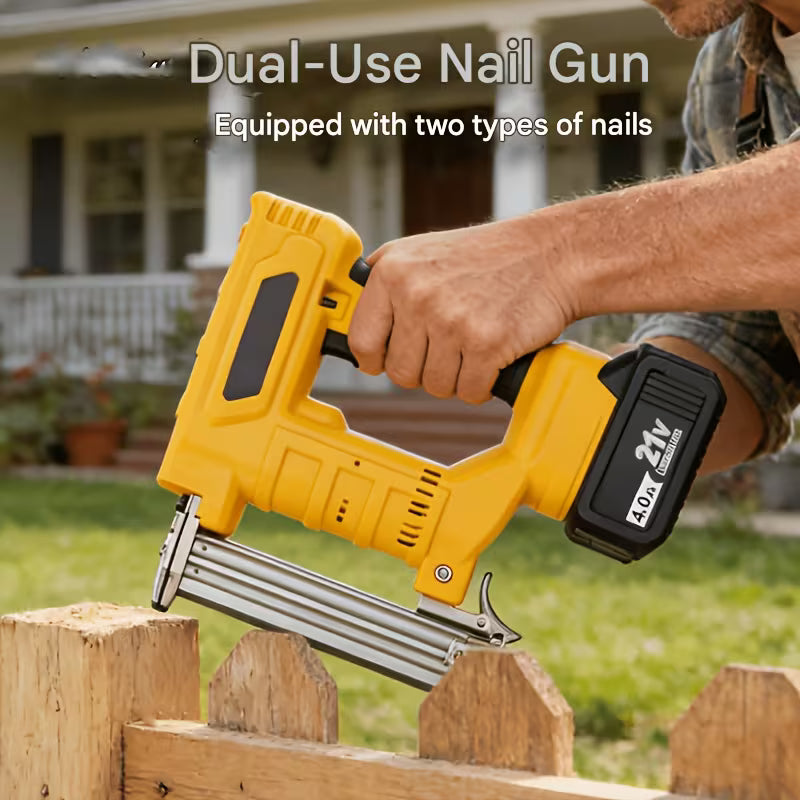 Yellow 21V Cordless Staple Gun Brad Nailer - Electric Nail Gun, Lithium Battery Powered, Fast Charger, 1000 Straight Nails + 1000 Code Nails, Portable Stapler Tool, Handheld Nailing Gun with Storage Case for Woodworking, Furniture And DIY Projects
