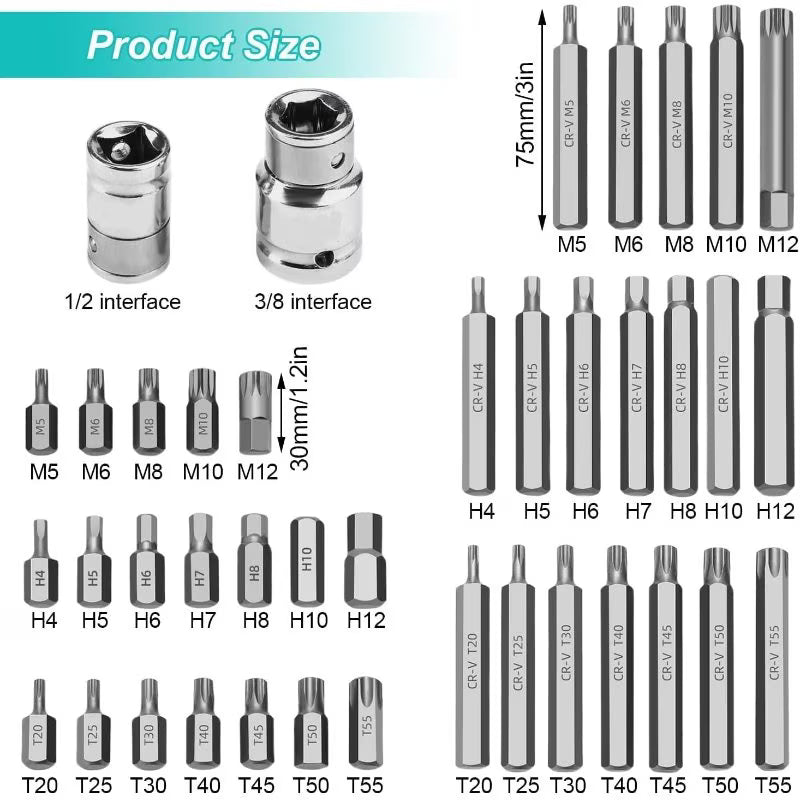 40pcs Torx Screwdriver Socket Kit - Default, Plum Bit, Hex & Spline Socket Set, 1/2" & 3/8" Drive Screwdriver Sockets, Metal Torx Tool Set for Workshop, Factory & Automotive Repair