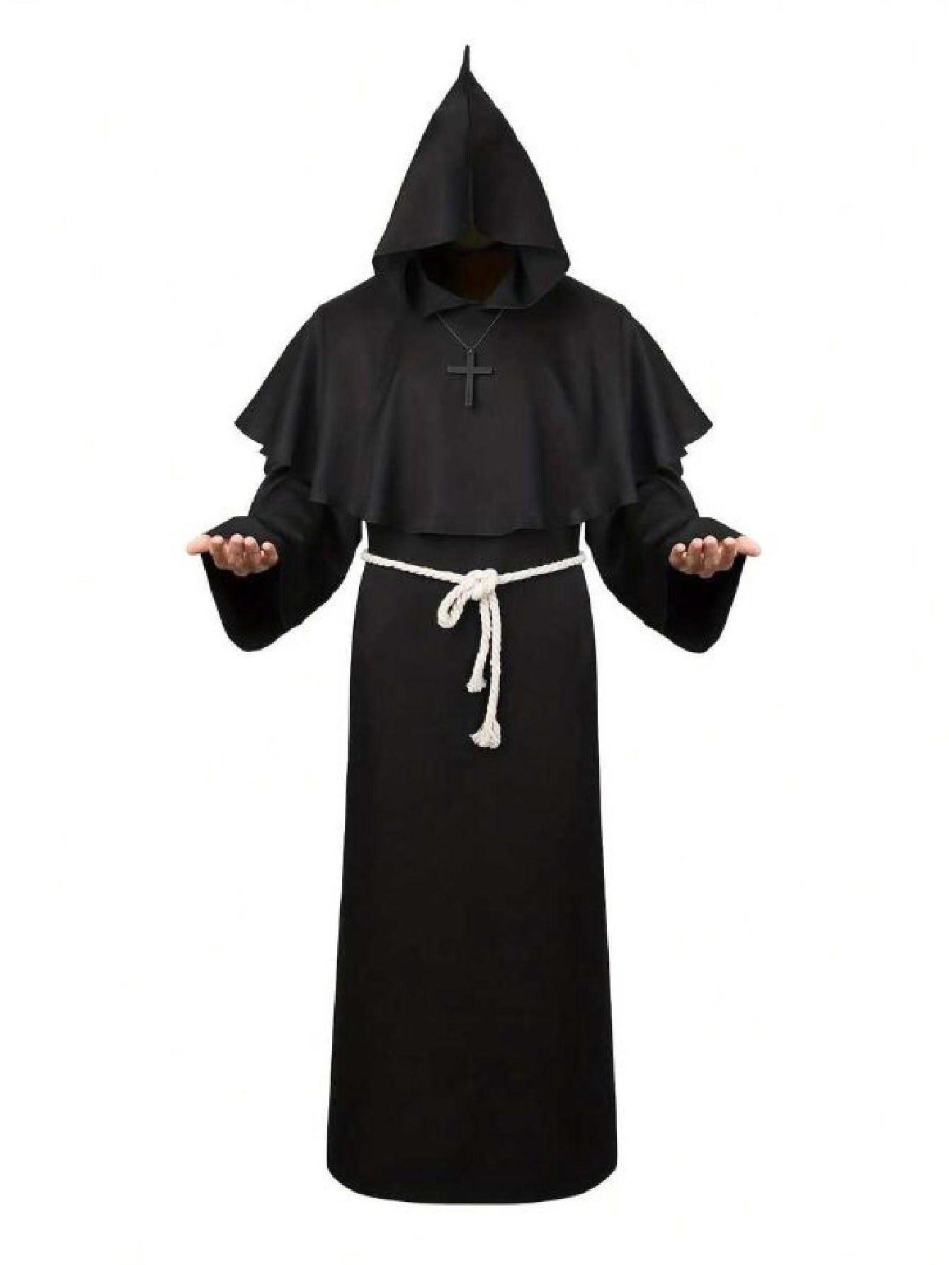 Men’s Medieval Monk & Priest Robe Costume Set – Renaissance Wizard Hooded Robe with Belt & Necklace