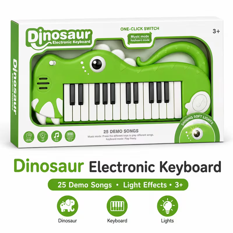 Dinosaur Electronic Keyboard for Kids - Multicolor 25 Demo Songs Musical Piano Toy with Light Effects, Music & Keyboard Modes, Early Learning Instrument for Boys & Girls Ages 3+