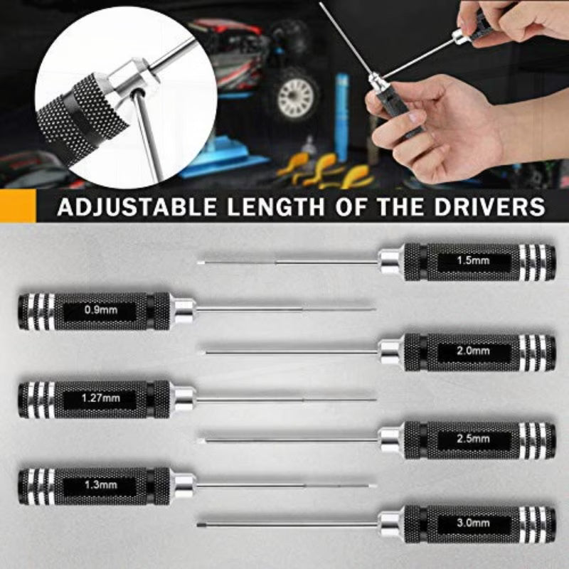 7pcs Hex Screwdriver Set - Black, 0.9mm, 1.27mm, 1.3mm, 1.5mm, 2.0mm, 2.5mm & 3.0mm Precision Hex Tools, Aluminum Alloy Handle, RC Model Repair Kit for Cars, Boats, Helicopters & Drones
