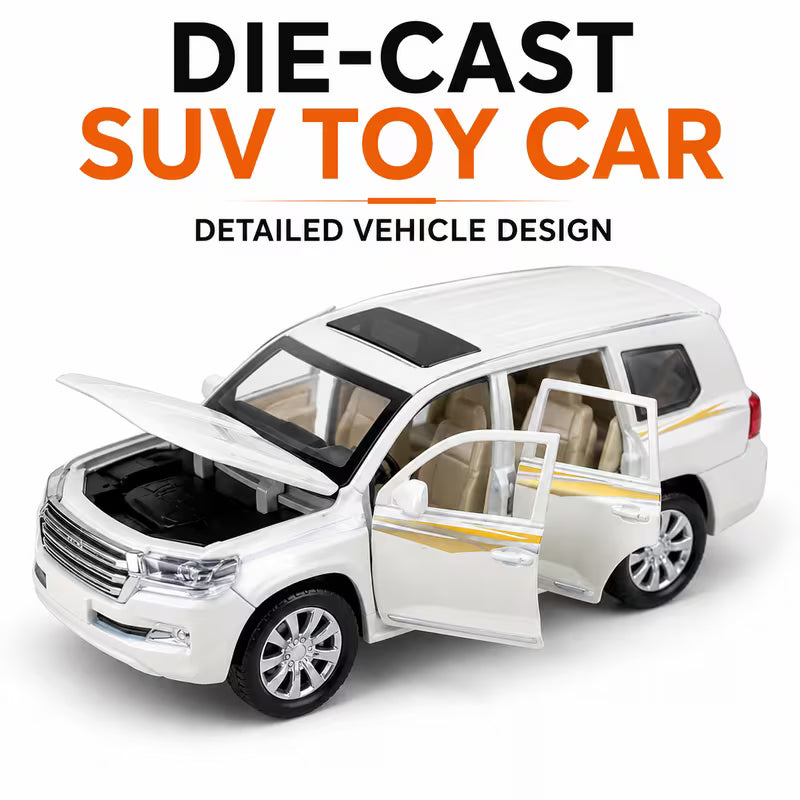 Die-Cast SUV Toy Car - White Realistic Model Vehicle with Openable Doors & Hood, Mini Car Toy for Kids Ages 3+, Pretend Play & Collectible Vehicle Gift for Boys & Girls
