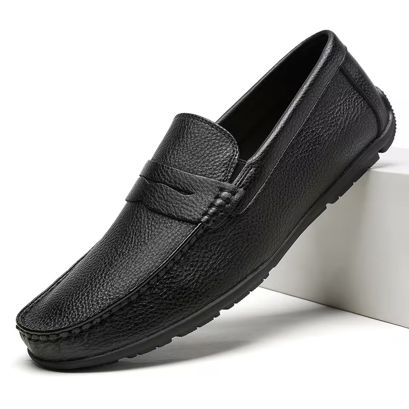 Pack Platinum Collection Men's Single-Pedal Slip-On Loafers - Black & Dark Brown, Lychee Pattern Textured PU Leather, Lightweight Daily Office Commute Flat Shoes