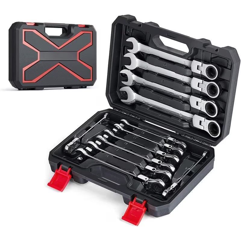 12pcs Flexible Ratchet Wrench Set (8mm-19mm) (silver/gray) - Metric Combo Flex-Head Spanner Kit, Chrome Vanadium Steel with Storage Box