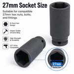 27mm Deep Impact Socket – Black, 1/2-Inch Drive, Long CR-Mo 6-Point Socket for Impact Wrench, Ratchet & Automotive Repair