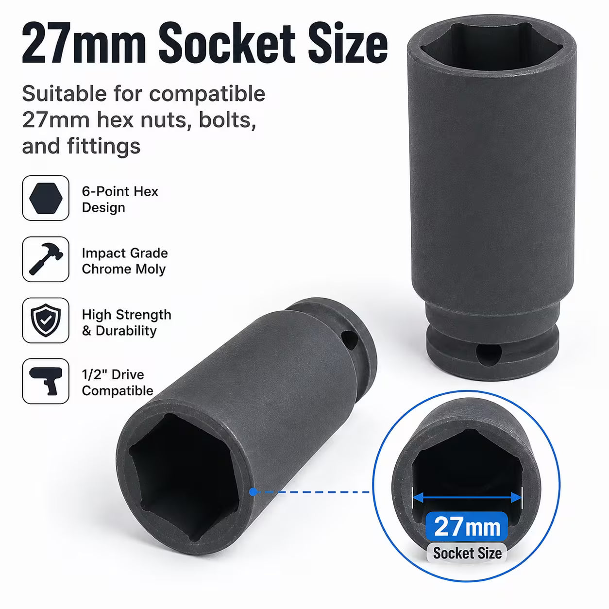 27mm Deep Impact Socket – Black, 1/2-Inch Drive, Long CR-Mo 6-Point Socket for Impact Wrench, Ratchet & Automotive Repair