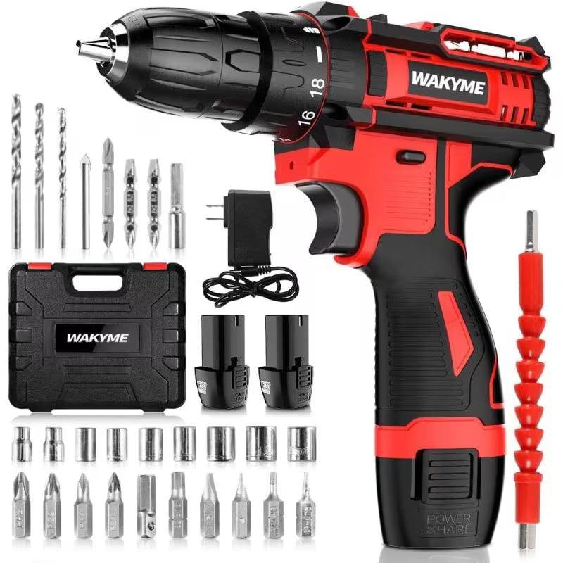 Drill Screwdriver Set - Black & Red, 12.6V 30Nm Electric Drill, 2 Batteries, 18+3 Clutch, 3/8 Inch Keyless Chuck, Variable Speed, Compact LED Screwdriver for Brick, Wood & Metal
