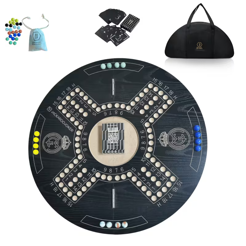 Jackaroo Series J004 Foldable Game Board - Black Circle-Shaped Wooden Board for 4 Players, Madrid-Themed Jackaroo Game with Marbles, Cards & Storage Bag, Family Strategy Board Game