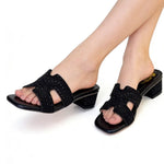 Women's Rhinestone Mule Sandals – Square Toe, Block Heel, Glittery Cut-Out Design