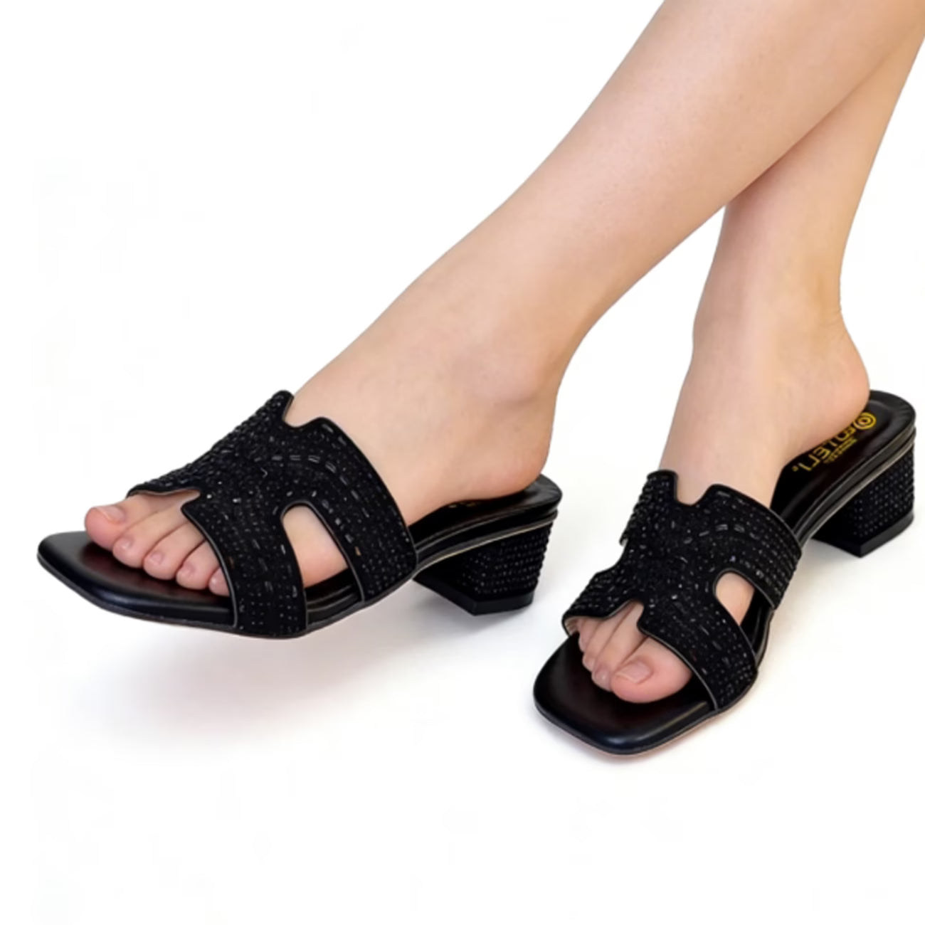 Women's Rhinestone Mule Sandals – Square Toe, Block Heel, Glittery Cut-Out Design