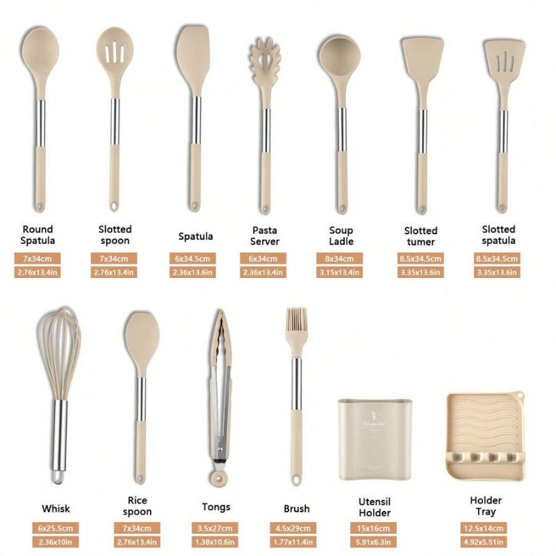 13-Piece Silicone Kitchen Utensil Set with Stainless Steel Handles & Drain Rack