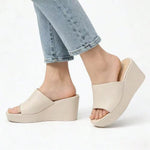 Women's Wedge Heel Mule Sandals – Platform Peep Toe, Cushioned Slip-On Design
