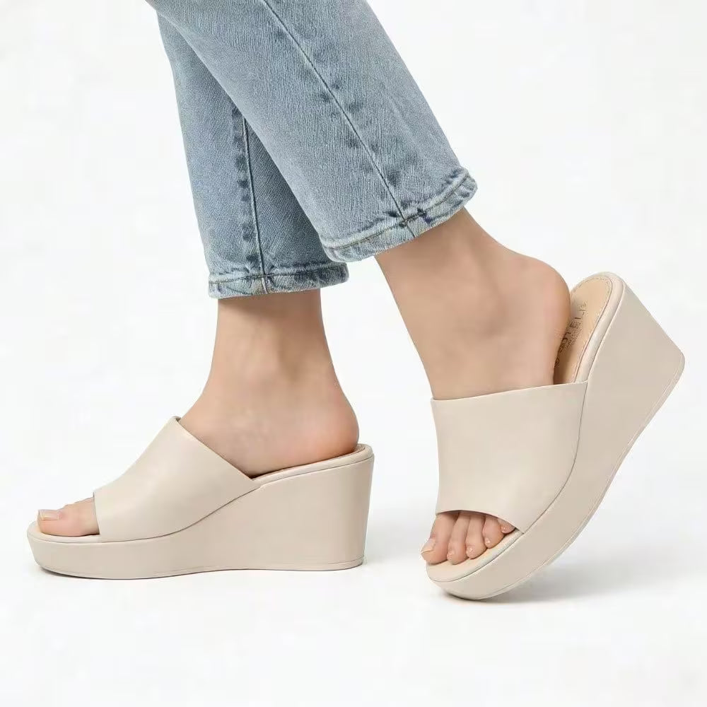 Women's Wedge Heel Mule Sandals – Platform Peep Toe, Cushioned Slip-On Design