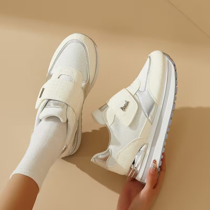 Women's Wedge Platform Sneakers – Patch Strap, Breathable Mesh, Height-Increasing
