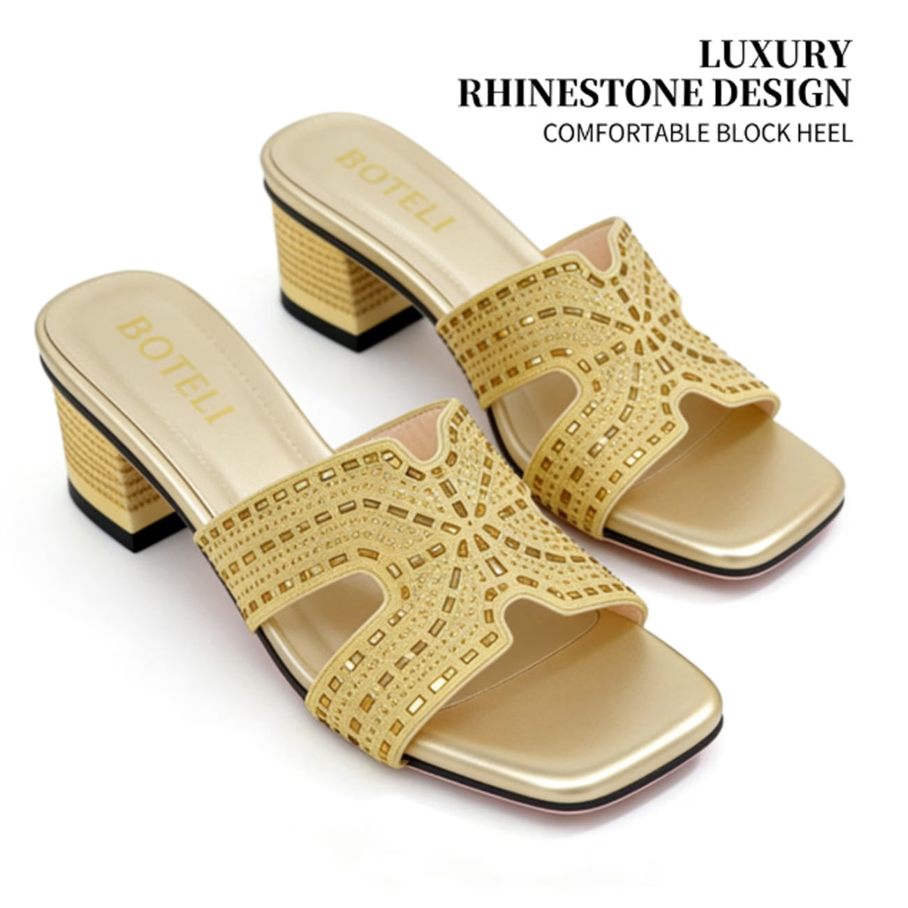 Women's Rhinestone Mule Sandals – Square Toe, Block Heel, Glittery Cut-Out Design