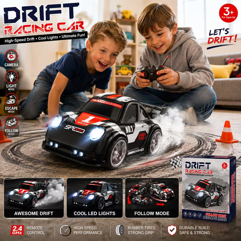 Drift Racing Car RC Toy - Multicolor Remote Control Stunt Racing Car with Follow Mode, Escape Mode & LED Lights, Interactive Drift Car for Kids, Indoor & Outdoor Play