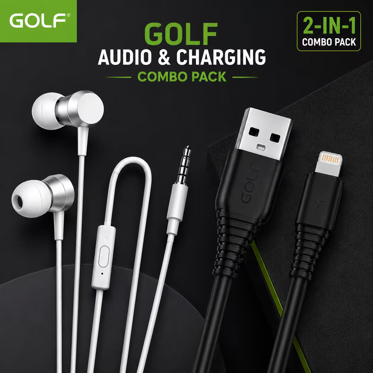 GOLF Space Earphones & GC64I Fast Charging Cable Combo Pack