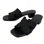 Women's Rhinestone Mule Sandals – Square Toe, Block Heel, Glittery Cut-Out Design