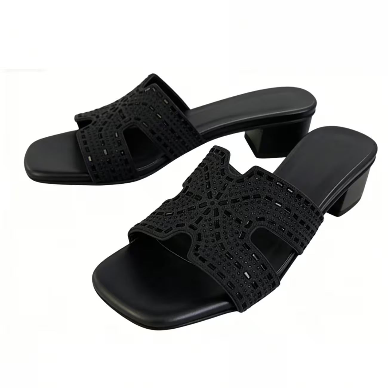 Women's Rhinestone Mule Sandals – Square Toe, Block Heel, Glittery Cut-Out Design