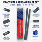 50PCS 12-Inch Hacksaw Blades – Black, 24 TPI Flexible Carbon Steel, Double-Sided Replacement Saw Blades for Metal, Plastic, PVC & General Cutting