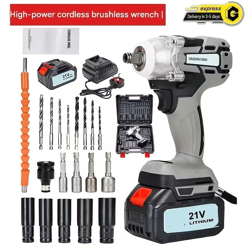 1/2 Inch Brushless Cordless High Torque Impact Wrench - Silver/Black, Battery Powered Impact Gun, High Torque Motor, Fast Charger, 1/2 Inch Drive, Perfect for Car, Truck & Automotive Maintenance