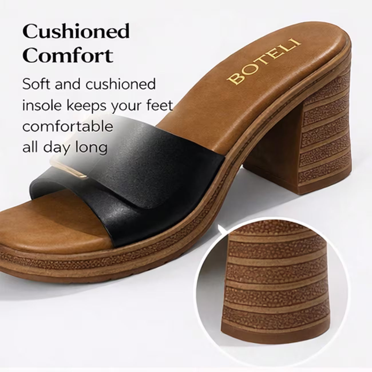 Women’s Metal Buckle Mule Sandals – Retro Wood-Texture Block Heel Slip-On Shoes