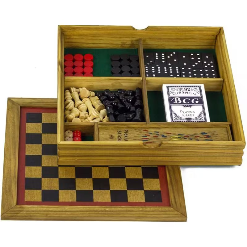 6-in-1 Wooden Toy Set - Default Color Multi-Game Wooden Board Set, Classic Strategy & Family Games for Kids and Adults, Educational Tabletop Game Collection for Home & Travel