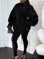 Plus Size Women’s A-Line Dress with Puff Sleeves, Tie Waist & Zipper