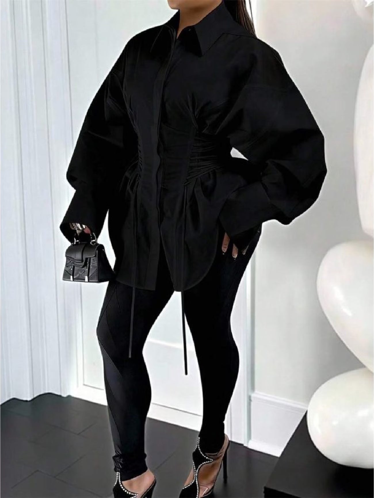 Plus Size Women’s A-Line Dress with Puff Sleeves, Tie Waist & Zipper