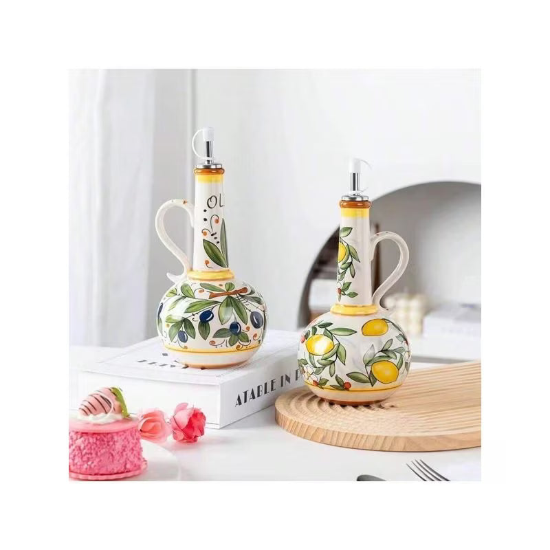 Ceramic Olive Oil & Vinegar Dispenser – Decorative Round Kitchen Bottle