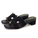 Women's Rhinestone Mule Sandals – Square Toe, Block Heel, Glittery Cut-Out Design