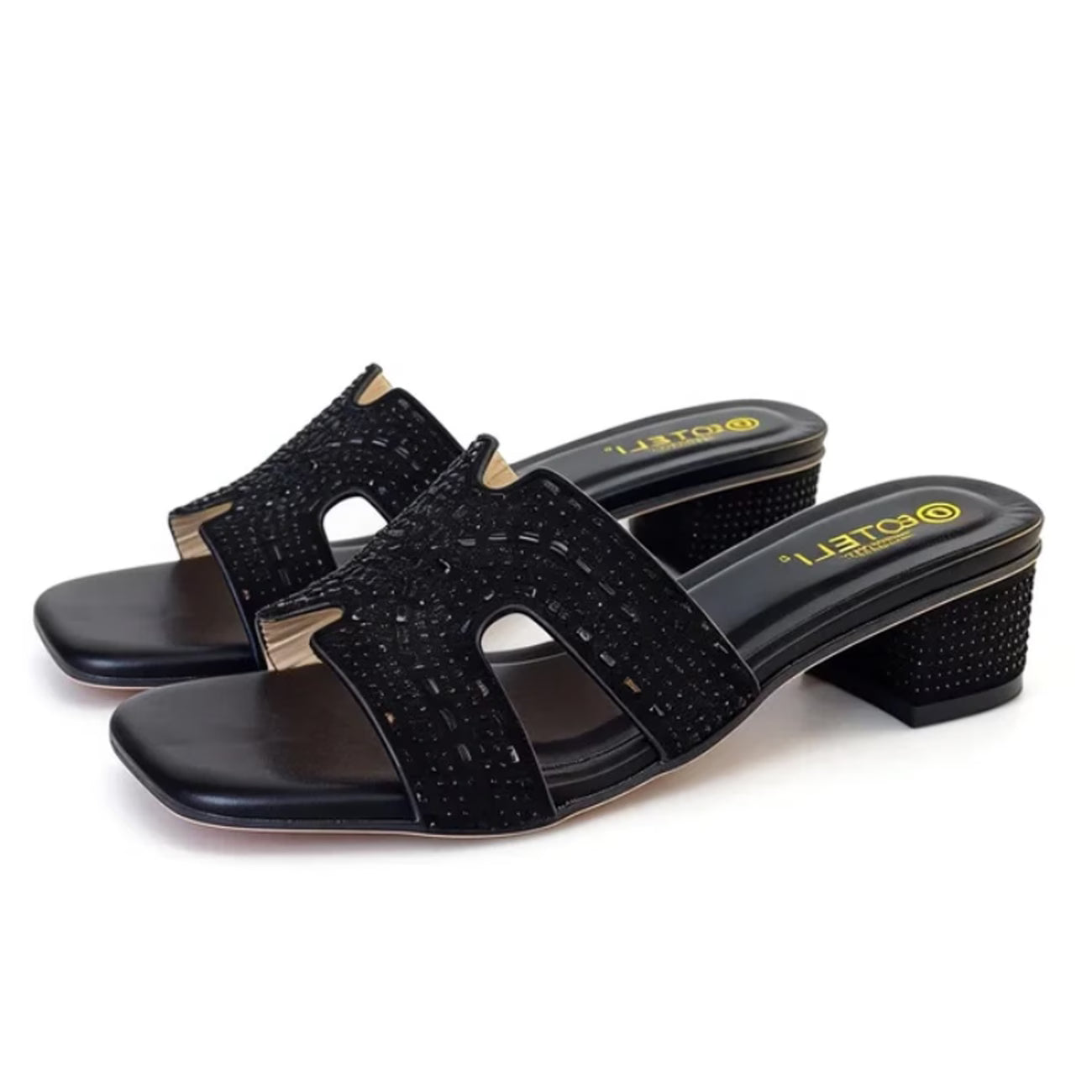Women's Rhinestone Mule Sandals – Square Toe, Block Heel, Glittery Cut-Out Design