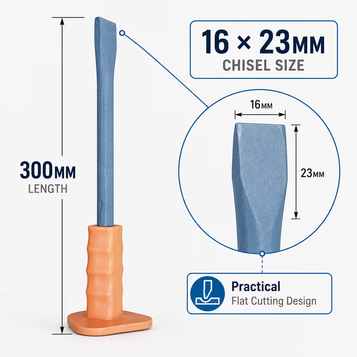 300mm Flat Masonry Chisel with Hand Guard (Gray) - 16 x 23mm Reinforced Hand Chisel for Concrete, Brick & Wall Work