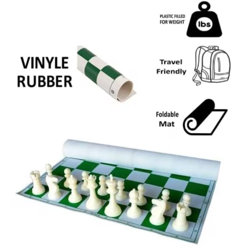43.18cm X 43.18cm Tournament Chess Vinyl Foldable Chess Set - Green Chess Board with Solid Plastic Pieces, Professional Tournament Chess Game, Portable Foldable Board for Adults & Players