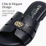 Women’s Cross-Strap Flat Slide Sandals – Open-Toe Shoes with Golden Buckle
