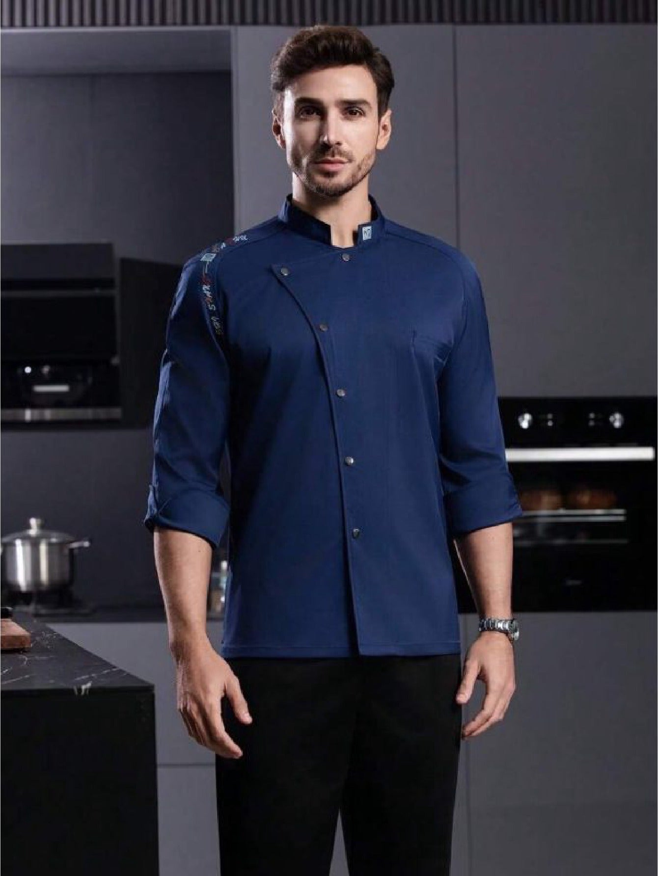 Men’s Blue Long-Sleeve Chef Uniform in Blue (Size: AE XXS) – Professional Luxury Hotel & Restaurant Culinary Jacket